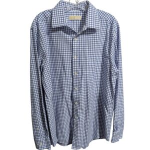 Michael Kors Mens Checkered Plaid Shirt 16.5  34/35 Blue Collar Long Sleeve